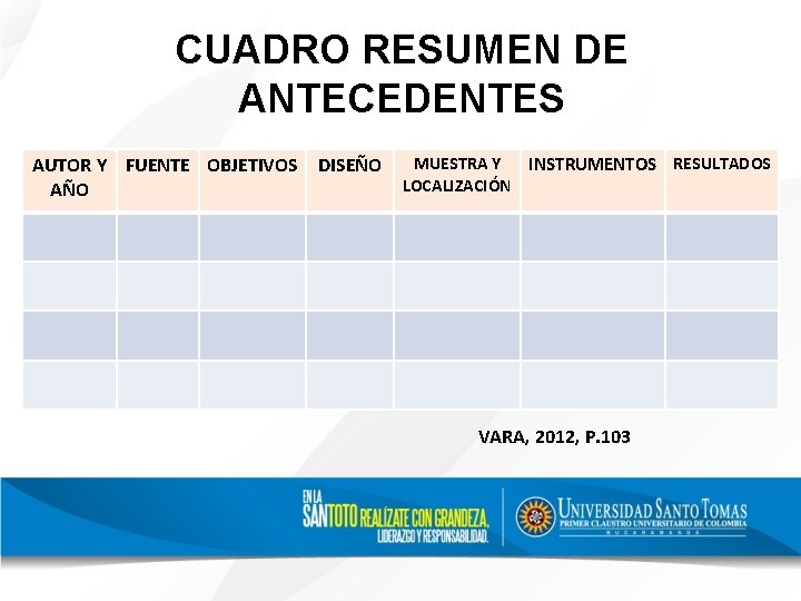 CUADRO RESUMEN DE ANTECEDENTES AUTOR Y FUENTE OBJETIVOS AÑO DISEÑO MUESTRA Y INSTRUMENTOS RESULTADOS