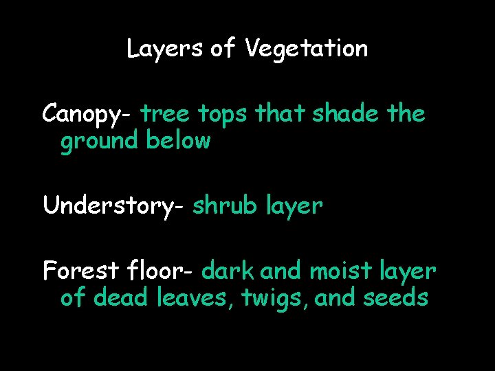 Layers of Vegetation Canopy- tree tops that shade the ground below Understory- shrub layer