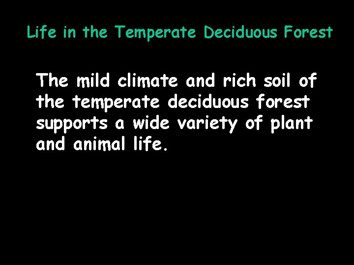 Life in the Temperate Deciduous Forest The mild climate and rich soil of the