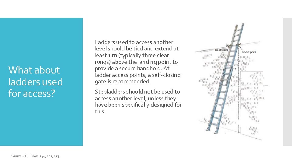 What about ladders used for access? Source – HSE indg 344, 401, 455 Ladders