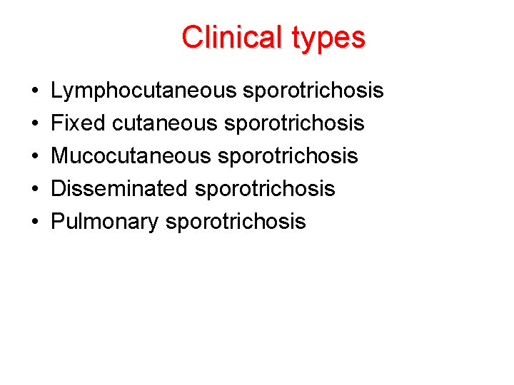 Clinical types • • • Lymphocutaneous sporotrichosis Fixed cutaneous sporotrichosis Mucocutaneous sporotrichosis Disseminated sporotrichosis
