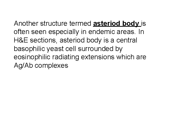 Another structure termed asteriod body is often seen especially in endemic areas. In H&E