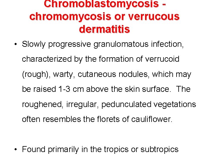 Chromoblastomycosis chromomycosis or verrucous dermatitis • Slowly progressive granulomatous infection, characterized by the formation
