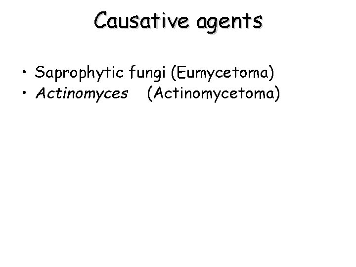 Causative agents • Saprophytic fungi (Eumycetoma) • Actinomyces (Actinomycetoma) 