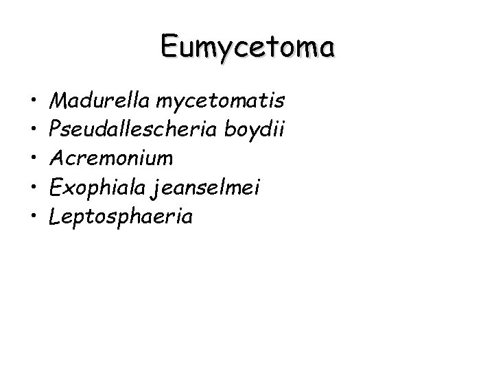 Eumycetoma • • • Madurella mycetomatis Pseudallescheria boydii Acremonium Exophiala jeanselmei Leptosphaeria 