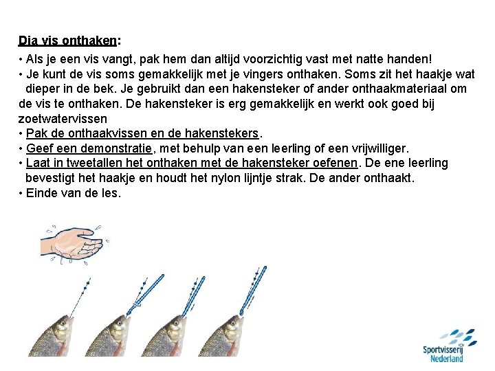 Dia vis onthaken: • Als je een vis vangt, pak hem dan altijd voorzichtig