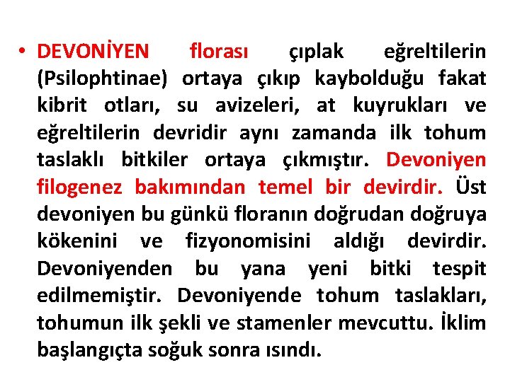  • DEVONİYEN florası çıplak eğreltilerin (Psilophtinae) ortaya çıkıp kaybolduğu fakat kibrit otları, su