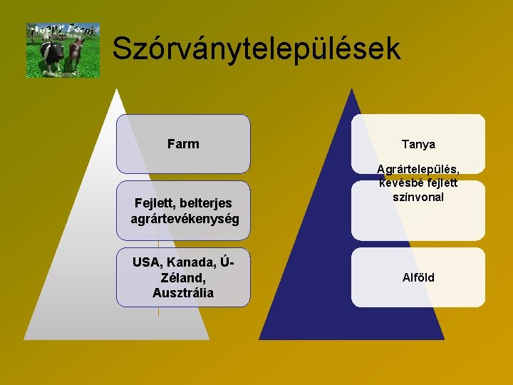 Szórványtelepülések Farm Fejlett, belterjes agrártevékenység USA, Kanada, ÚZéland, Ausztrália Tanya Agrártelepülés, kevésbé fejlett színvonal