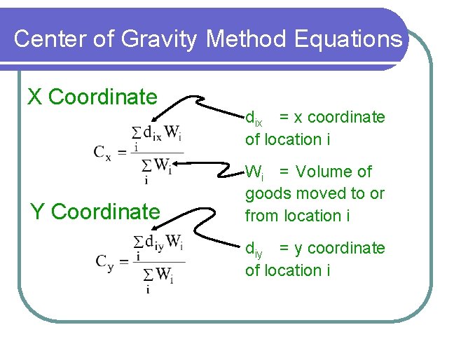 Center of Gravity Method Equations X Coordinate Y Coordinate dix = x coordinate of