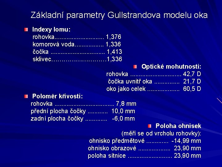 Základní parametry Gullstrandova modelu oka Indexy lomu: rohovka. . . . 1, 376 komorová Základní parametry Gullstrandova modelu oka Indexy lomu: rohovka. . . . 1, 376 komorová