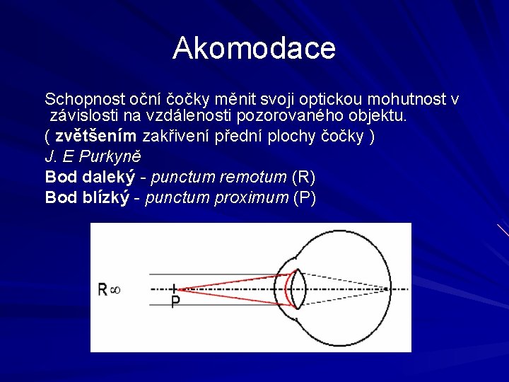 Akomodace Schopnost oční čočky měnit svoji optickou mohutnost v závislosti na vzdálenosti pozorovaného objektu. Akomodace Schopnost oční čočky měnit svoji optickou mohutnost v závislosti na vzdálenosti pozorovaného objektu.