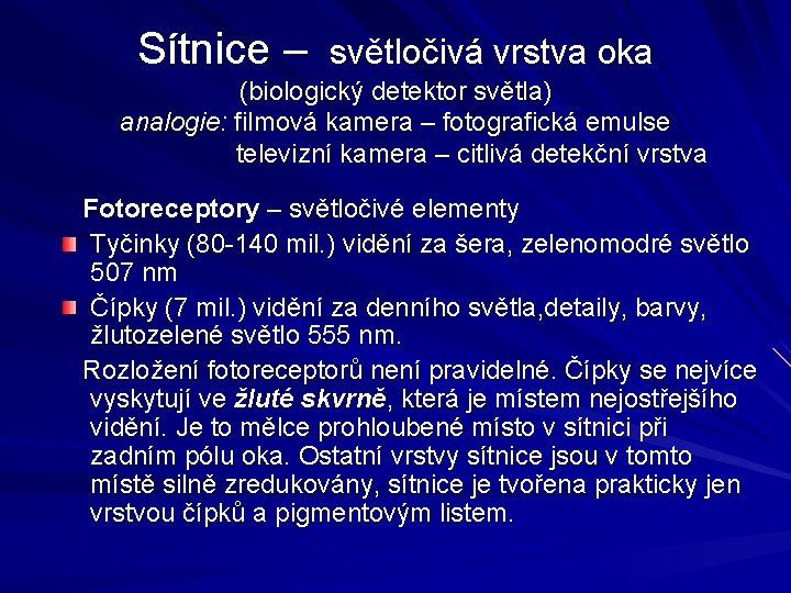 Sítnice – světločivá vrstva oka (biologický detektor světla) analogie: filmová kamera – fotografická emulse Sítnice – světločivá vrstva oka (biologický detektor světla) analogie: filmová kamera – fotografická emulse