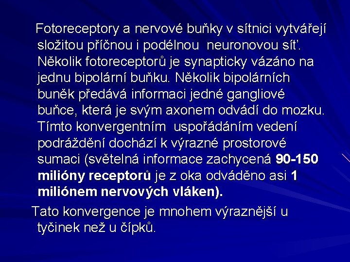 Fotoreceptory a nervové buňky v sítnici vytvářejí složitou příčnou i podélnou neuronovou síť. Několik Fotoreceptory a nervové buňky v sítnici vytvářejí složitou příčnou i podélnou neuronovou síť. Několik