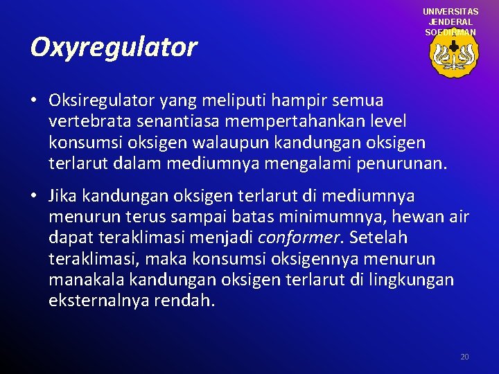 Oxyregulator UNIVERSITAS JENDERAL SOEDIRMAN • Oksiregulator yang meliputi hampir semua vertebrata senantiasa mempertahankan level