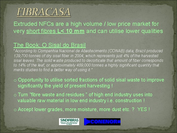 FIBRACASA Extruded NFCs are a high volume / low price market for very short