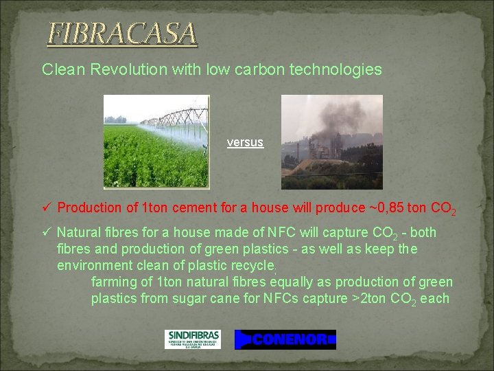 FIBRACASA Clean Revolution with low carbon technologies versus ü Production of 1 ton cement