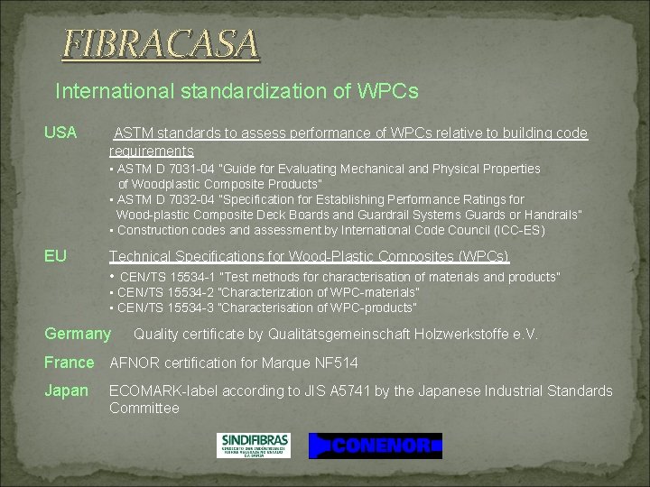 FIBRACASA International standardization of WPCs USA ASTM standards to assess performance of WPCs relative