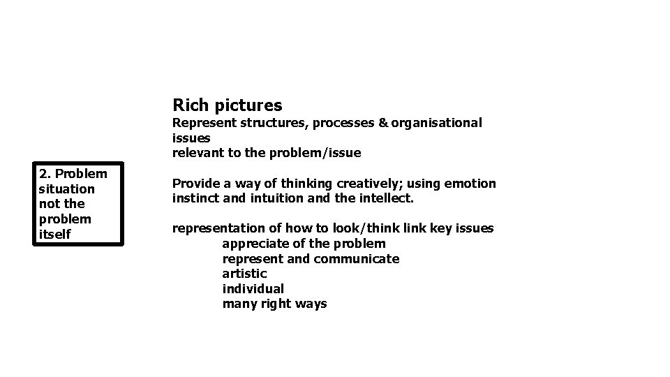 Rich pictures Represent structures, processes & organisational issues relevant to the problem/issue 2. Problem