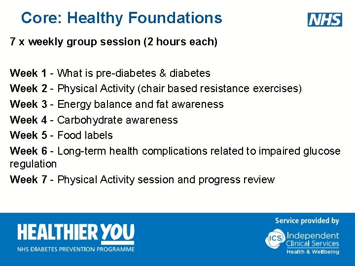Core: Healthy Foundations 7 x weekly group session (2 hours each) Week 1 -