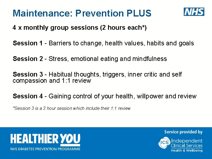 Maintenance: Prevention PLUS 4 x monthly group sessions (2 hours each*) Session 1 -