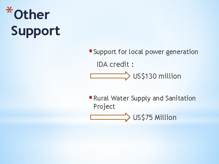*Other Support § Support for local power generation IDA credit : US$130 million §