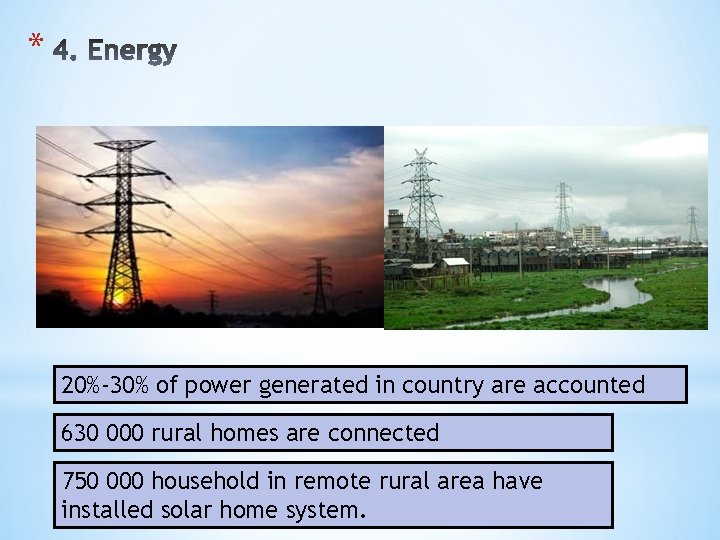 * 20%-30% of power generated in country are accounted 630 000 rural homes are