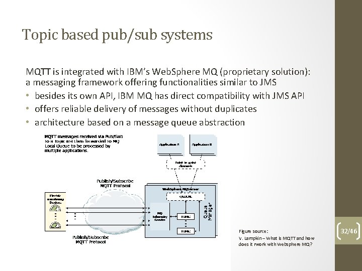 Topic based pub/sub systems MQTT is integrated with IBM’s Web. Sphere MQ (proprietary solution):