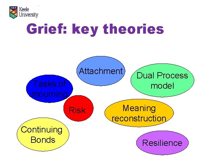 Grief: key theories Attachment Tasks of mourning Risk Continuing Bonds Dual Process model Meaning