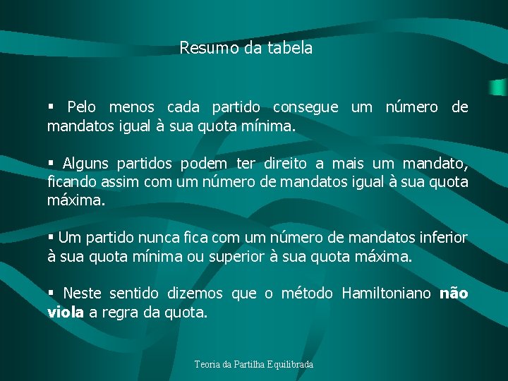 Resumo da tabela § Pelo menos cada partido consegue um número de mandatos igual