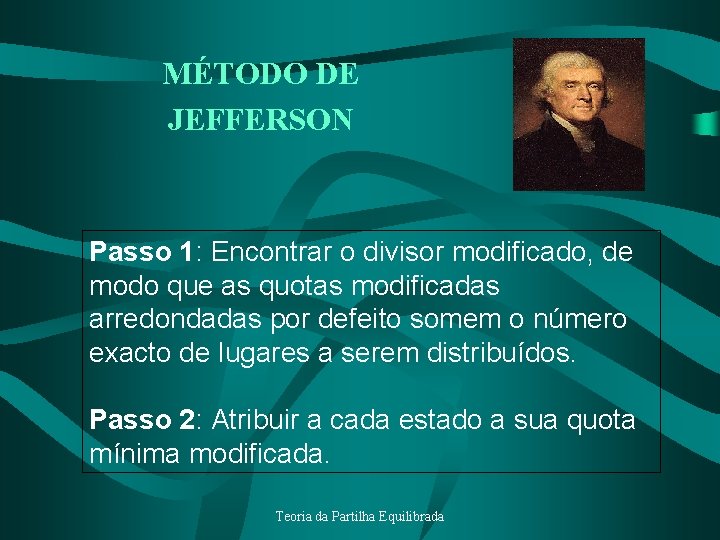 MÉTODO DE JEFFERSON Passo 1: Encontrar o divisor modificado, de modo que as quotas