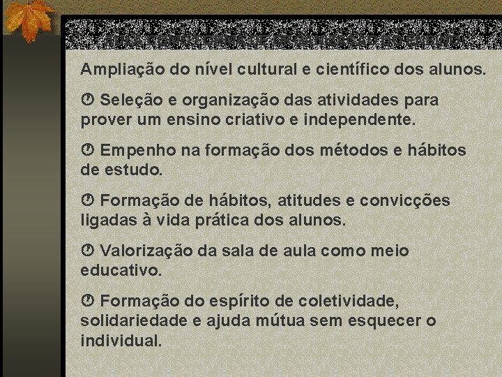 AULA COMO FORMA DE ORGANIZAÇÃO DO ENSINO Ampliação do nível cultural e científico dos