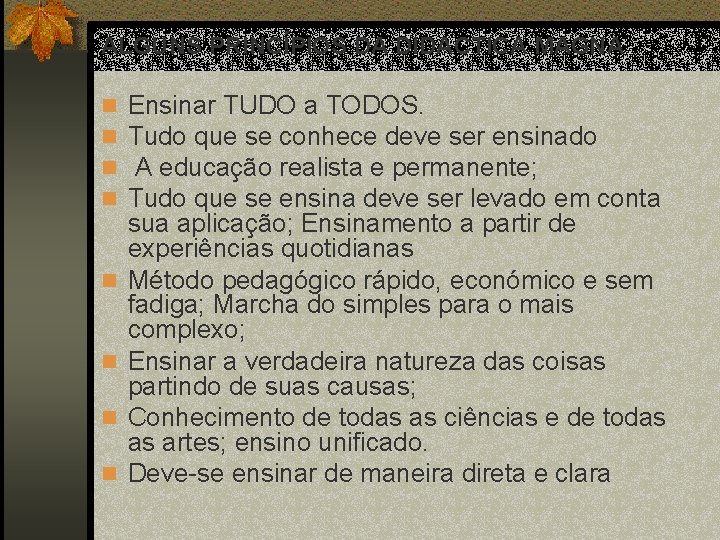 ALGUNS PRINCÍPIOS DA DIDACTICA MAGNA n n n n Ensinar TUDO a TODOS. Tudo