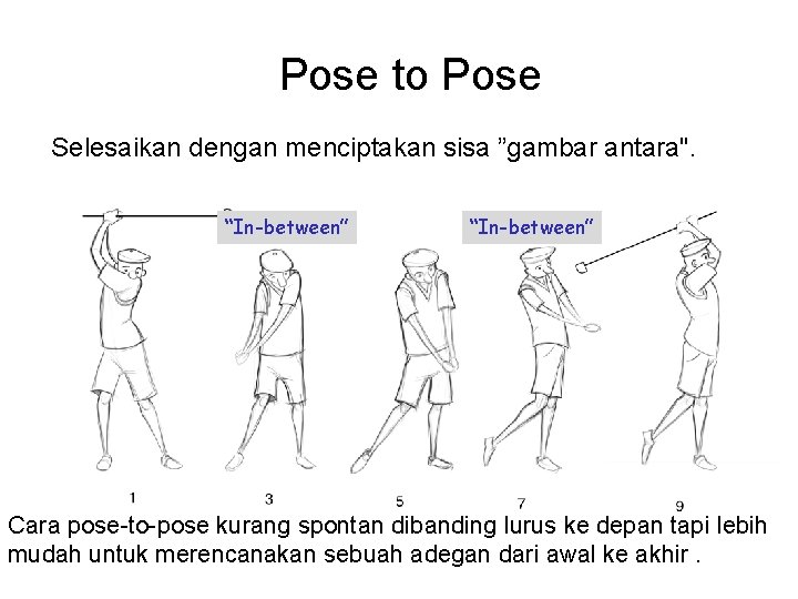 Pose to Pose Selesaikan dengan menciptakan sisa ”gambar antara". “In-between” Cara pose-to-pose kurang spontan