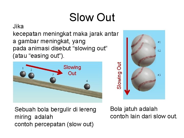 Slow Out Slowing Out Sebuah bola bergulir di lereng miring adalah contoh percepatan (slow