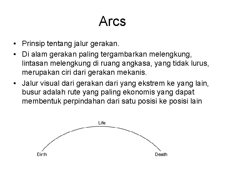Arcs • Prinsip tentang jalur gerakan. • Di alam gerakan paling tergambarkan melengkung, lintasan