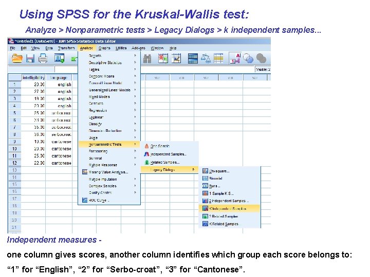 Using SPSS for the Kruskal-Wallis test: Analyze > Nonparametric tests > Legacy Dialogs >