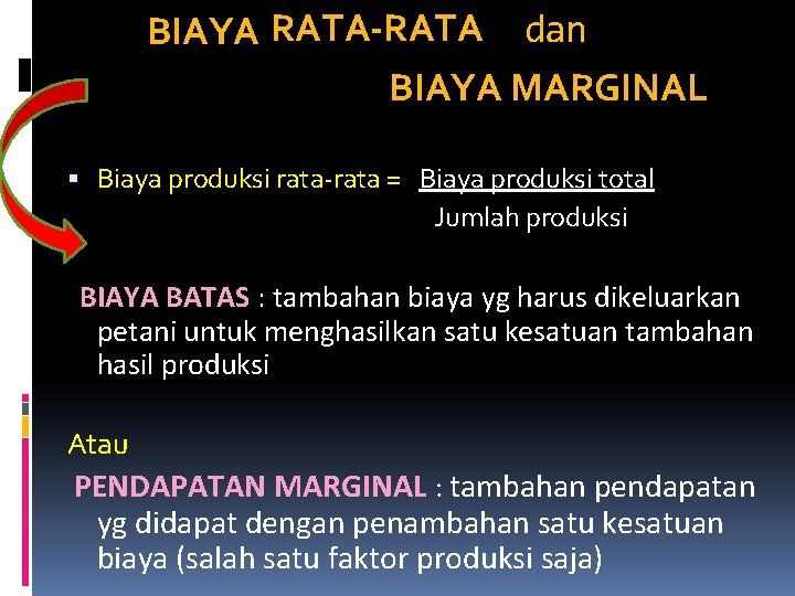 BIAYA RATA-RATA dan BIAYA MARGINAL Biaya produksi rata-rata = Biaya produksi total Jumlah produksi