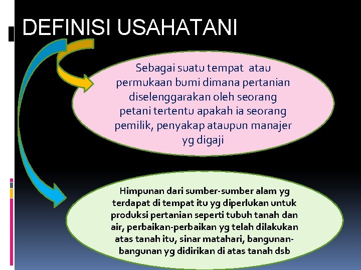 DEFINISI USAHATANI Sebagai suatu tempat atau permukaan bumi dimana pertanian diselenggarakan oleh seorang petani