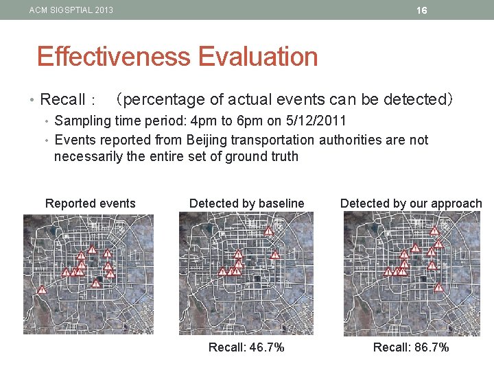 16 ACM SIGSPTIAL 2013 Effectiveness Evaluation • Recall： （percentage of actual events can be