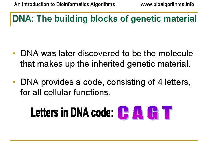 An Introduction to Bioinformatics Algorithms www. bioalgorithms. info DNA: The building blocks of genetic