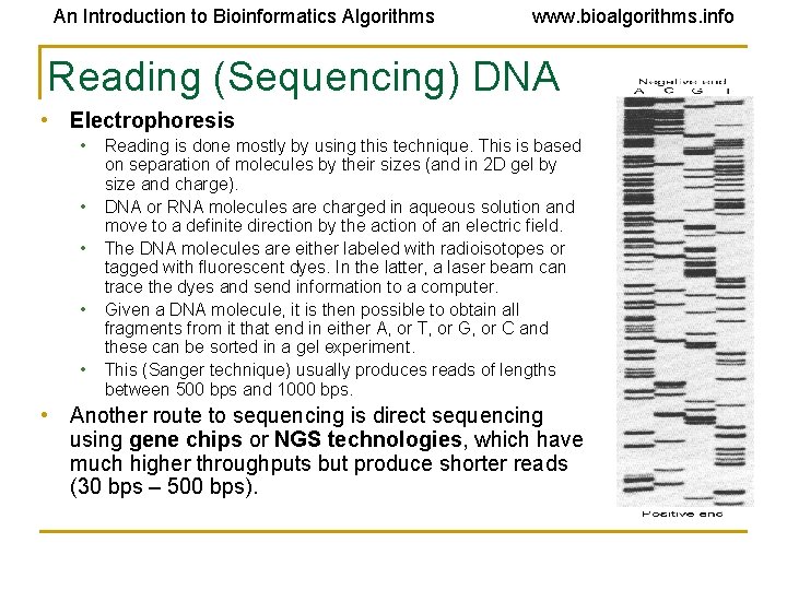An Introduction to Bioinformatics Algorithms www. bioalgorithms. info Reading (Sequencing) DNA • Electrophoresis •