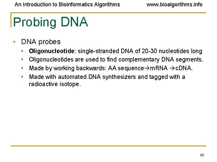 An Introduction to Bioinformatics Algorithms www. bioalgorithms. info Probing DNA • DNA probes •