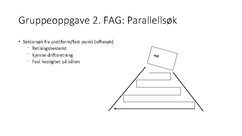 Gruppeoppgave 2. FAG: Parallellsøk • Sektorsøk fra plattform/fast punkt (viftesøk) ⁻ Retningsbestemt ⁻ Kjenne