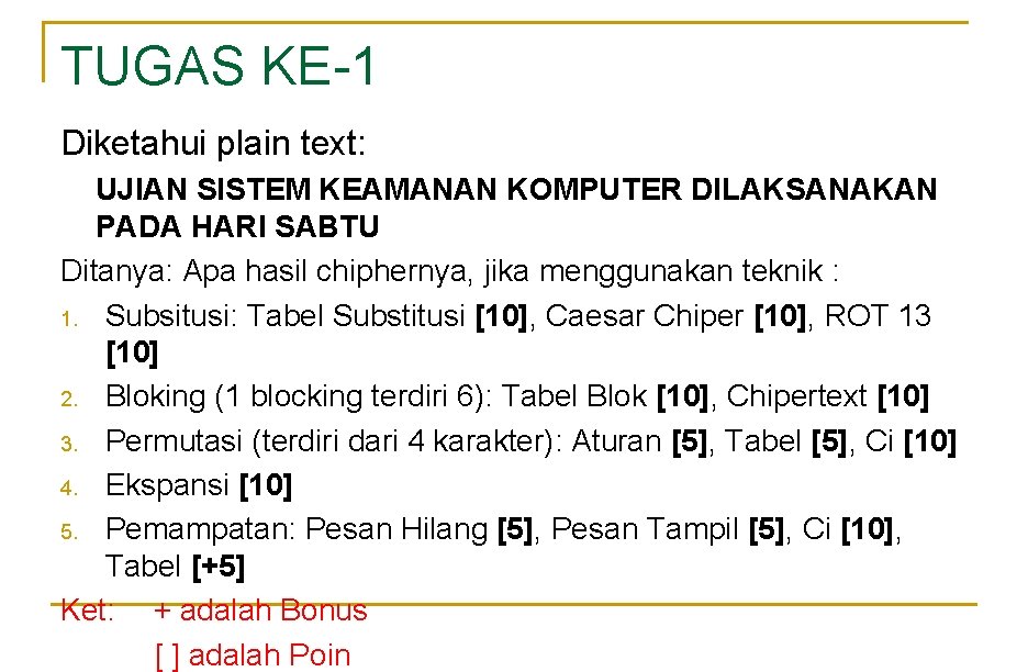 TUGAS KE-1 Diketahui plain text: UJIAN SISTEM KEAMANAN KOMPUTER DILAKSANAKAN PADA HARI SABTU Ditanya: