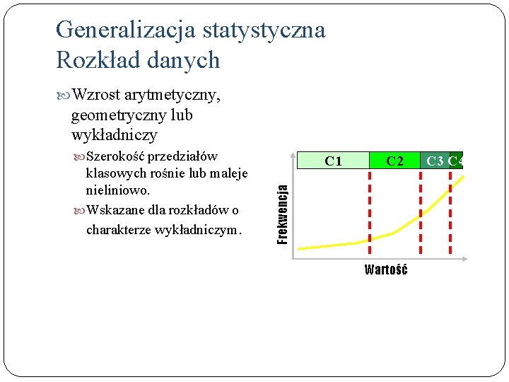 Generalizacja statystyczna Rozkład danych Wzrost arytmetyczny, geometryczny lub wykładniczy Szerokość przedziałów C 2 Frekwencja