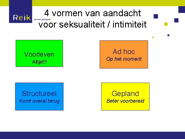 4 vormen van aandacht voor seksualiteit / intimiteit Voorleven Altijd!!! Ad hoc Op het