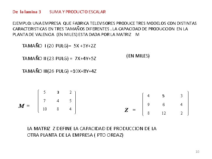 De la lamina 3 SUMA Y PRODUCTO ESCALAR EJEMPLO: UNA EMPRESA QUE FABRICA TELEVISORES