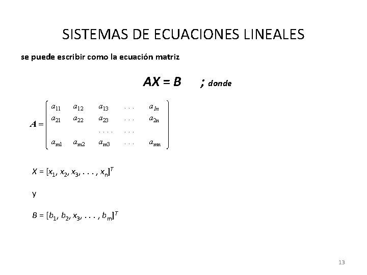 SISTEMAS DE ECUACIONES LINEALES se puede escribir como la ecuación matriz AX = B