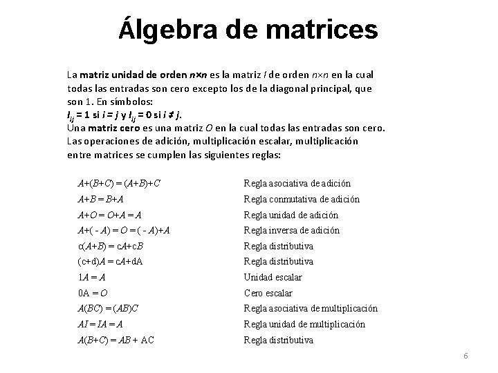 Álgebra de matrices La matriz unidad de orden n×n es la matriz I de