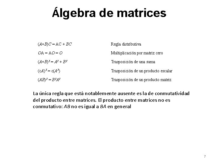 Álgebra de matrices (A+B)C = AC + BC Regla distributiva OA = AO =